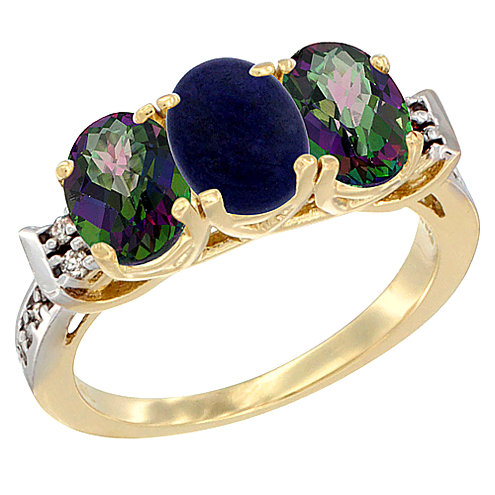Sabrina Silver 14K Yellow Gold Natural Lapis & Mystic Topaz Sides Ring 3-Stone 7x5 mm Oval Diamond Accent, sizes 5 - 10
