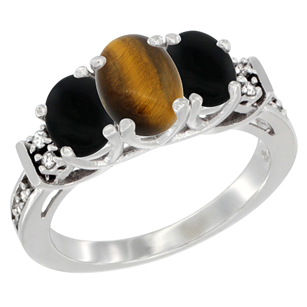 Sabrina Silver 10K White Gold Natural Tiger Eye & Black Onyx Ring 3-Stone Oval Diamond Accent, sizes 5-10