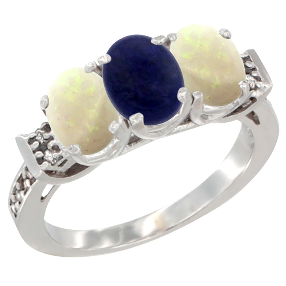 Sabrina Silver 10K White Gold Natural Lapis & Opal Sides Ring 3-Stone Oval 7x5 mm Diamond Accent, sizes 5 - 10