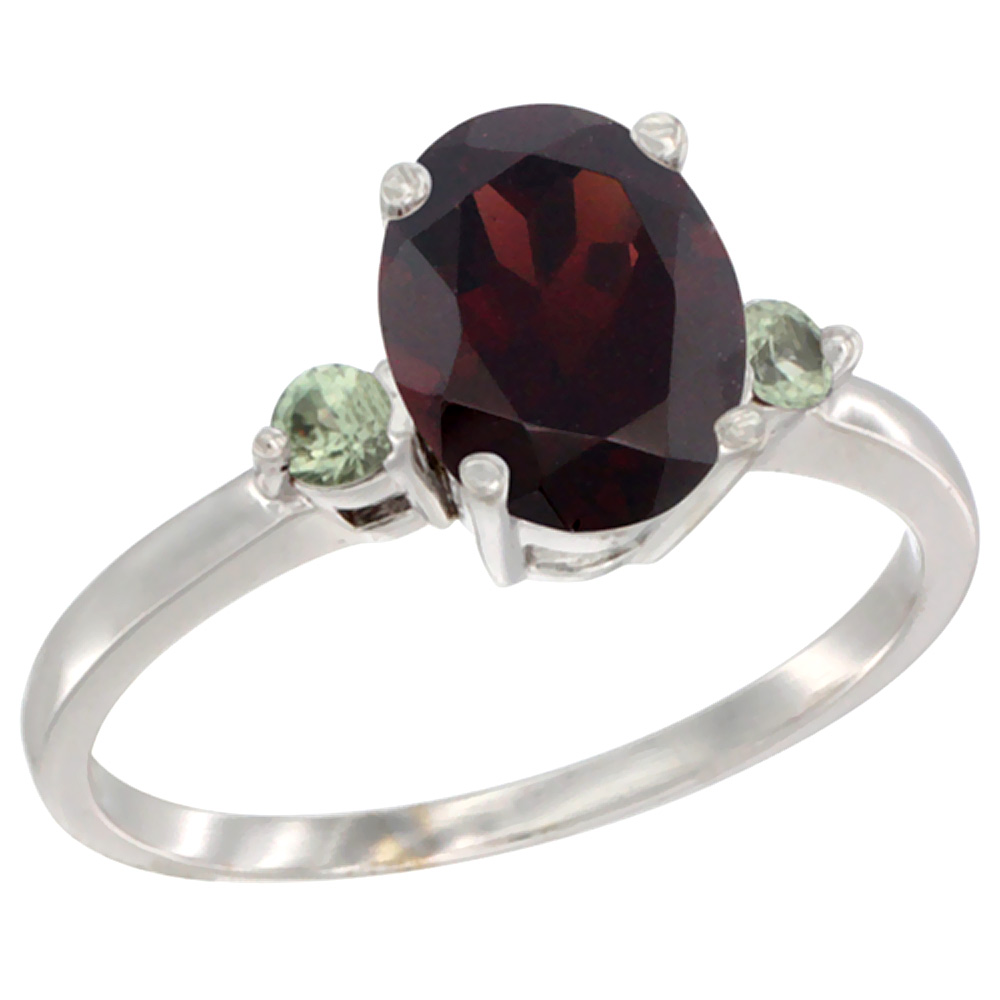 Sabrina Silver 14K White Gold Natural Garnet Ring Oval 9x7 mm Green Sapphire Accent, sizes 5 to 10