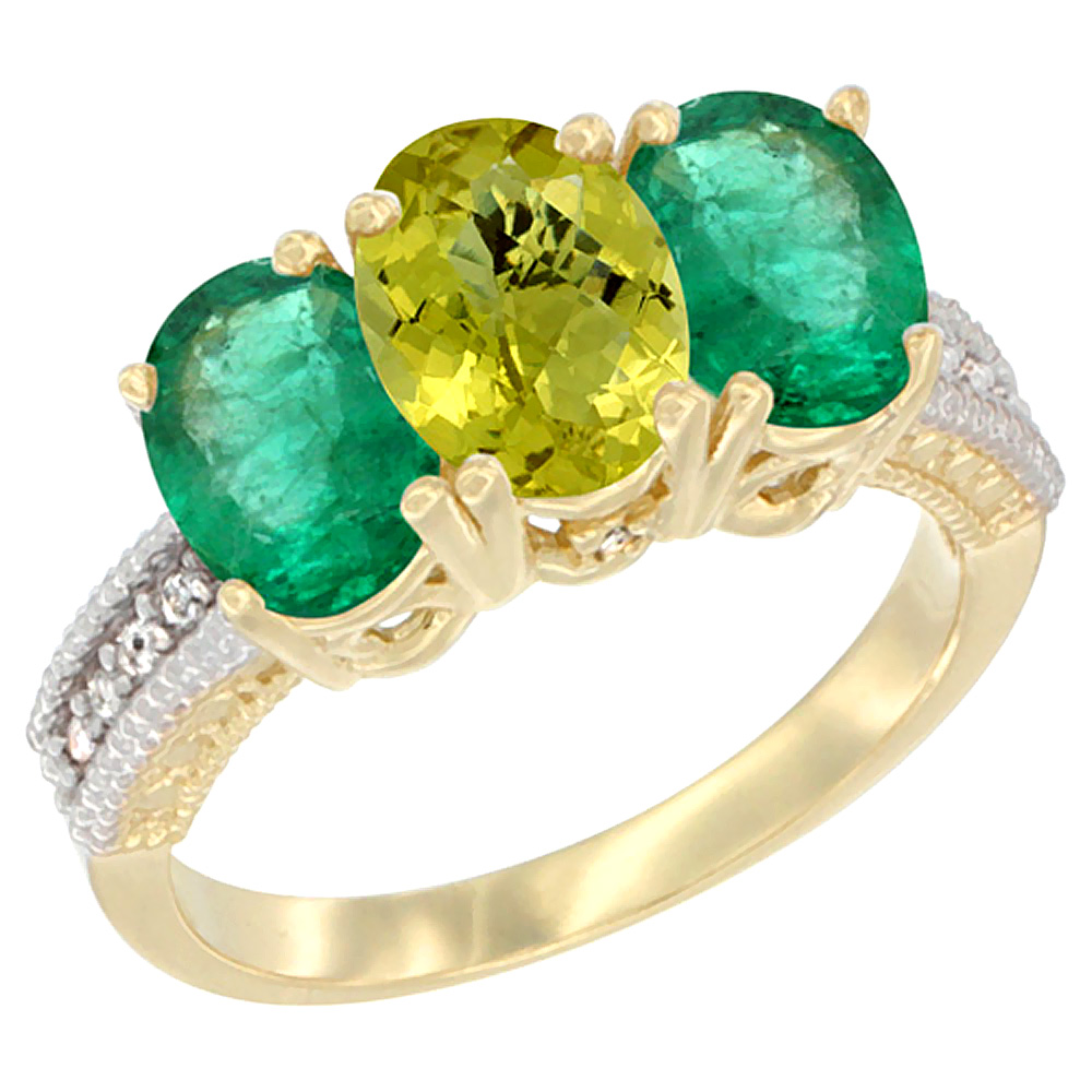 Sabrina Silver 14K Yellow Gold Natural Lemon Quartz & Emerald Sides Ring 3-Stone 7x5 mm Oval Diamond Accent, sizes 5 - 10