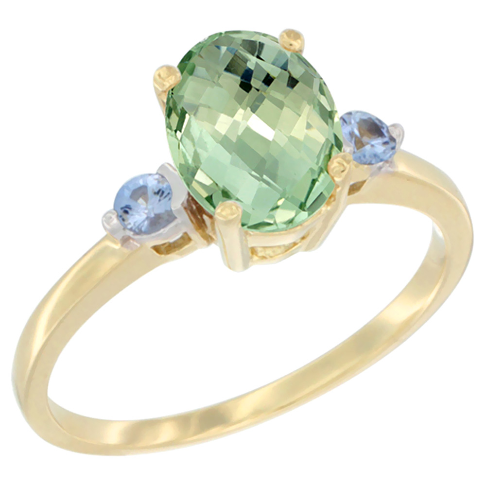 Sabrina Silver 10K Yellow Gold Natural Green Amethyst Ring Oval 9x7 mm Light Blue Sapphire Accent, sizes 5 to 10