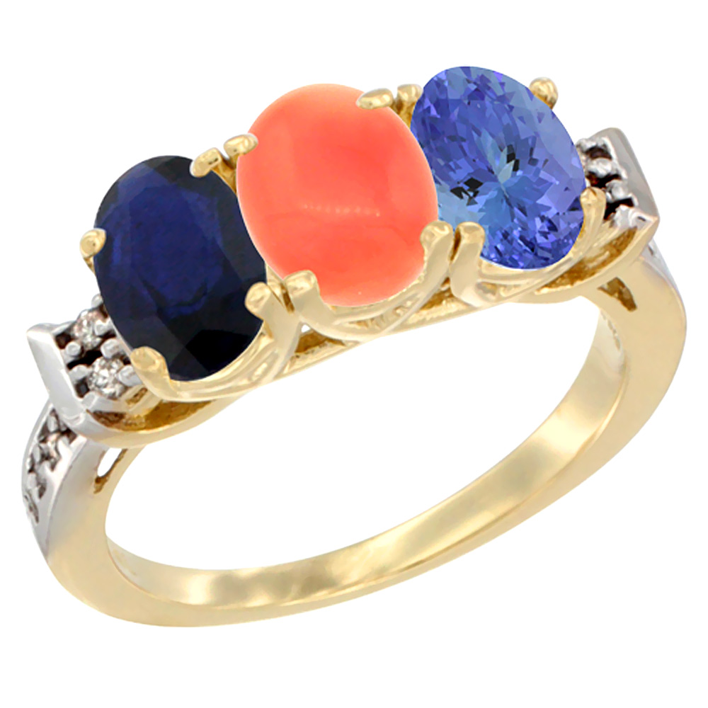 Sabrina Silver 10K Yellow Gold Natural Blue Sapphire, Coral & Tanzanite Ring 3-Stone Oval 7x5 mm Diamond Accent, sizes 5 - 10