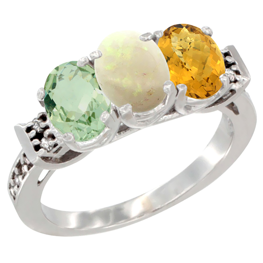 Sabrina Silver 14K White Gold Natural Green Amethyst, Opal & Whisky Quartz Ring 3-Stone 7x5 mm Oval Diamond Accent, sizes 5 - 10