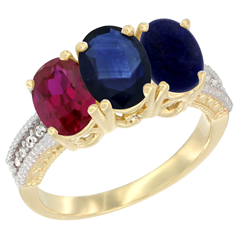 Sabrina Silver 10K Yellow Gold Enhanced Ruby, Natural Blue Sapphire & Lapis Ring 3-Stone Oval 7x5 mm, sizes 5 - 10