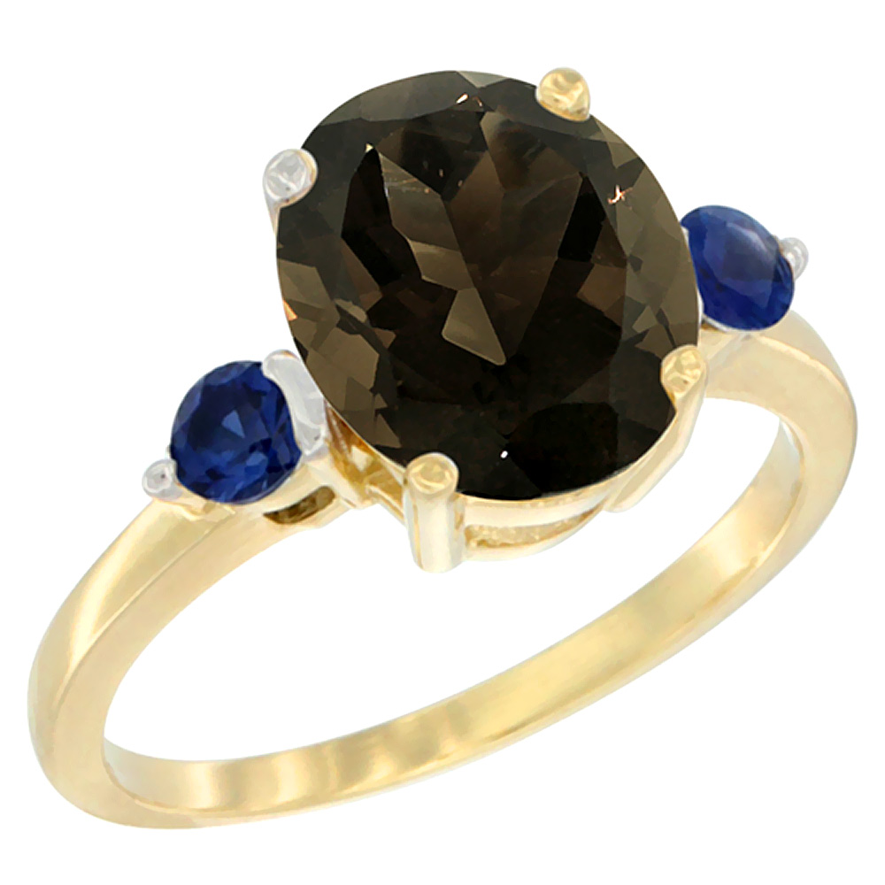 Sabrina Silver 14K Yellow Gold 10x8mm Oval Natural Smoky Topaz Ring for Women Blue Sapphire Side-stones sizes 5 - 10