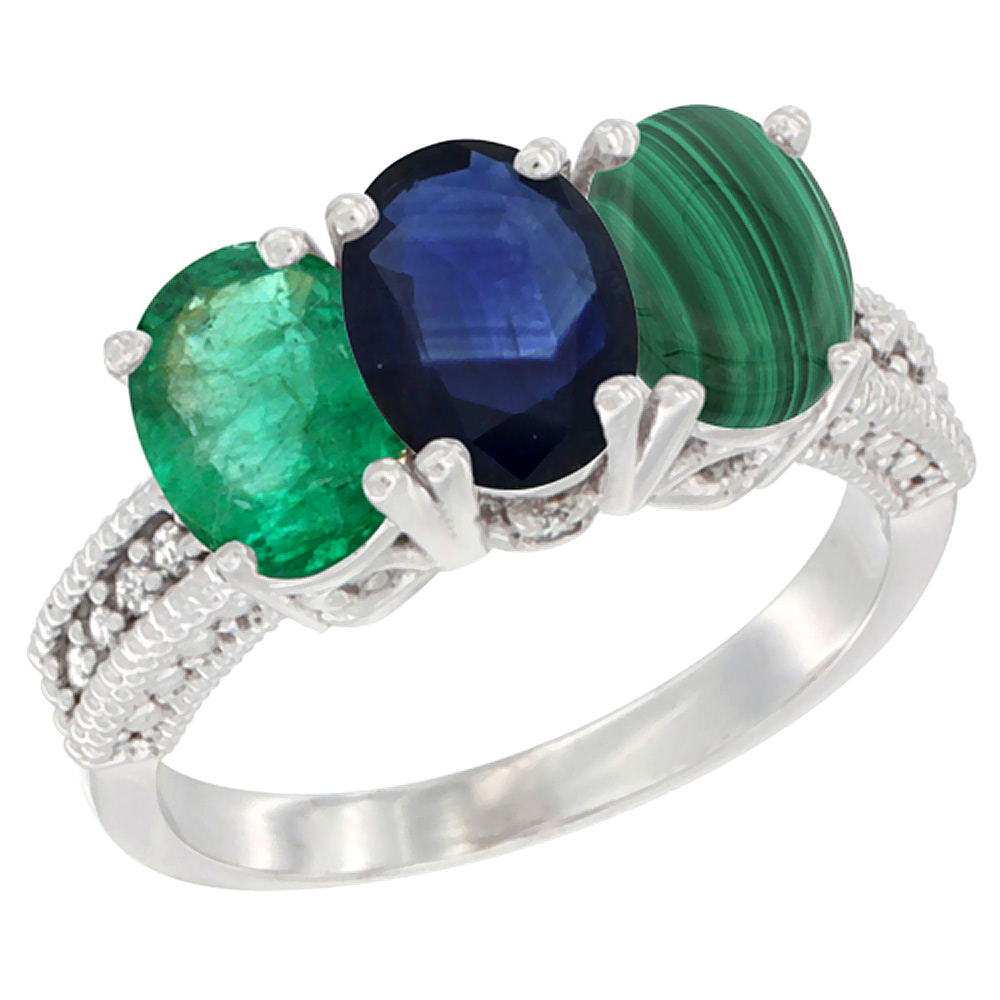 Sabrina Silver 14K White Gold Natural Emerald, Blue Sapphire & Malachite Ring 3-Stone 7x5 mm Oval Diamond Accent, sizes 5 - 10