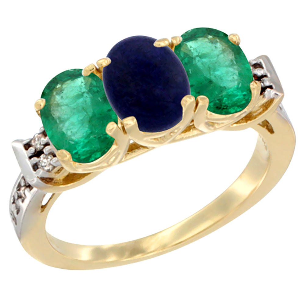 Sabrina Silver 10K Yellow Gold Natural Lapis & Emerald Sides Ring 3-Stone Oval 7x5 mm Diamond Accent, sizes 5 - 10