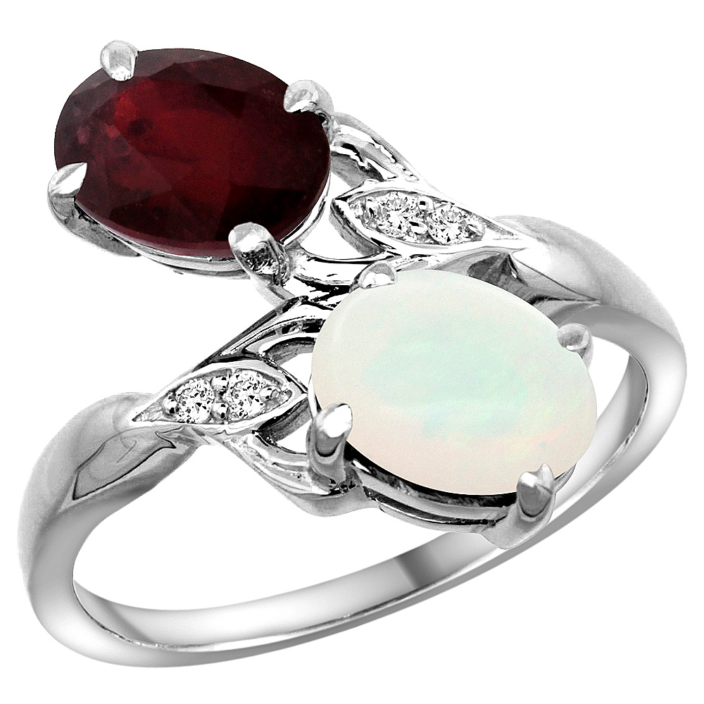Sabrina Silver 14k White Gold Diamond Enhanced Genuine Ruby & Natural Opal 2-stone Ring Oval 8x6mm, sizes 5 - 10