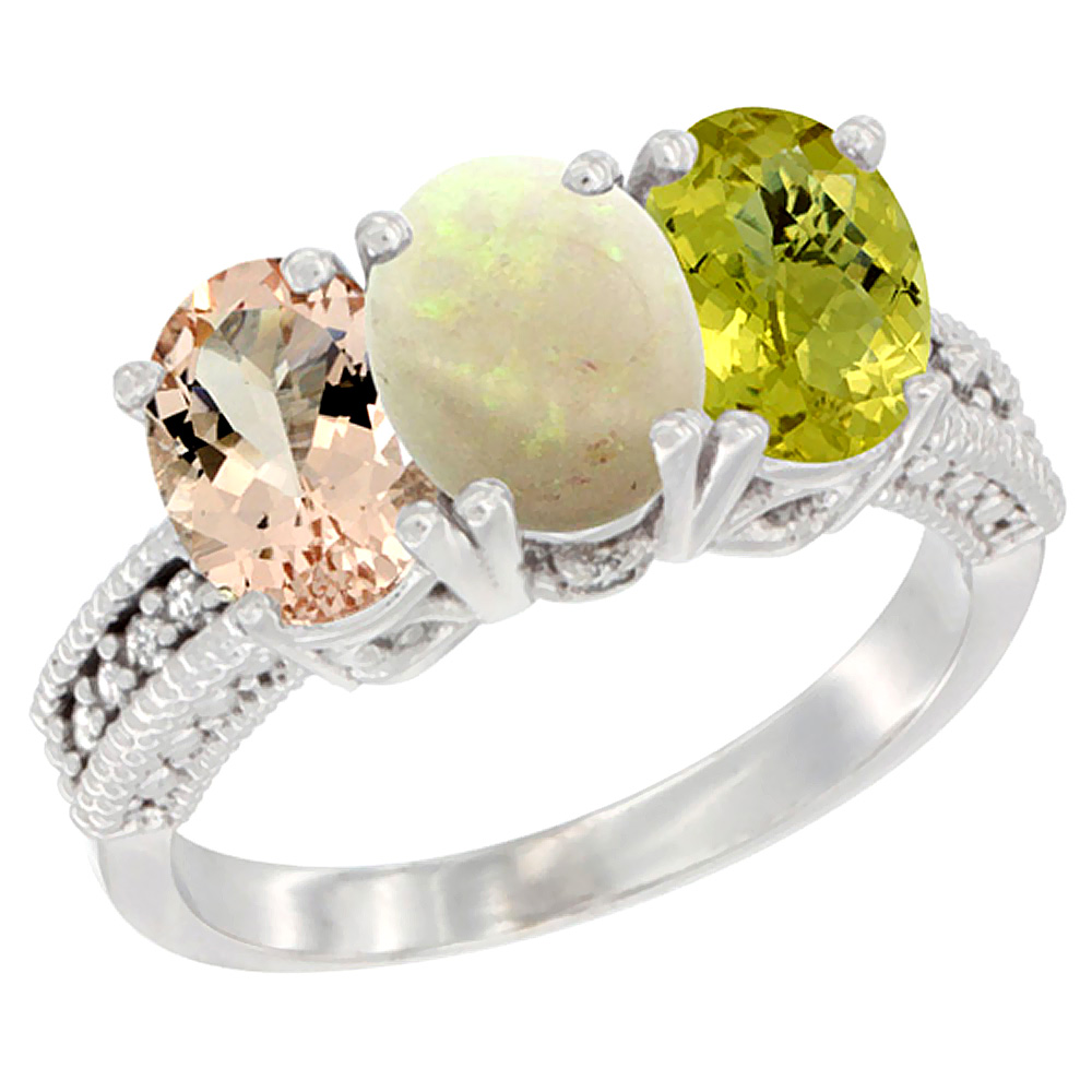Sabrina Silver 14K White Gold Natural Morganite, Opal & Lemon Quartz Ring 3-Stone Oval 7x5 mm Diamond Accent, sizes 5 - 10