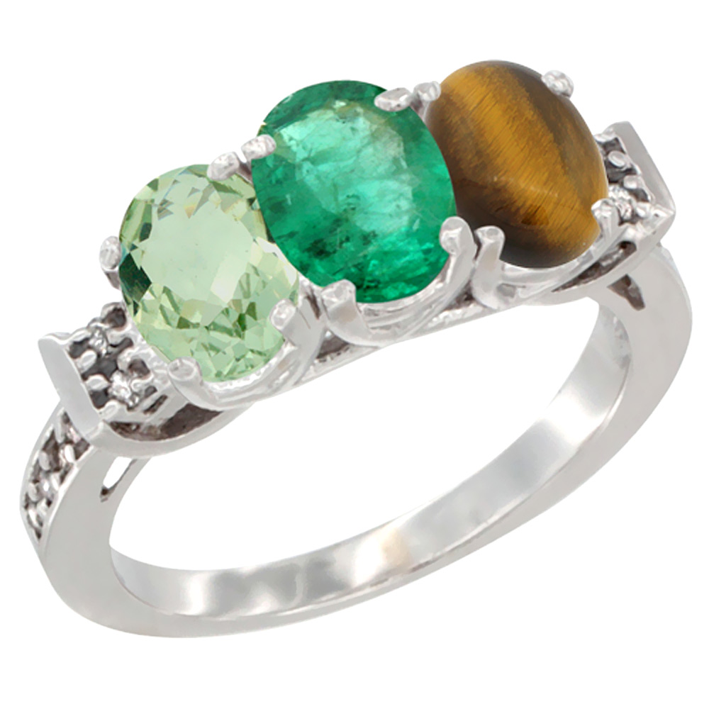 Sabrina Silver 10K White Gold Natural Green Amethyst, Emerald & Tiger Eye Ring 3-Stone Oval 7x5 mm Diamond Accent, sizes 5 - 10
