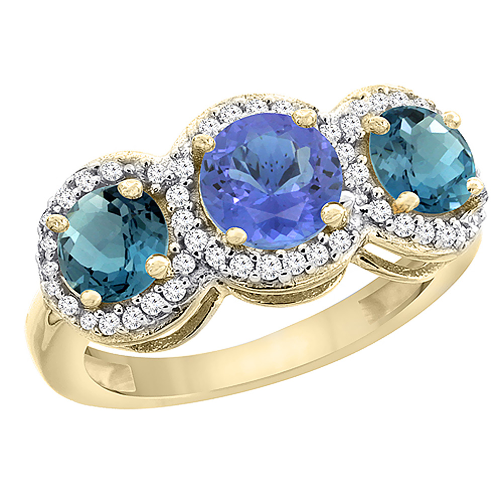 Sabrina Silver 14K Yellow Gold Natural Tanzanite & London Blue Topaz Sides Round 3-stone Ring Diamond Accents, sizes 5 - 10