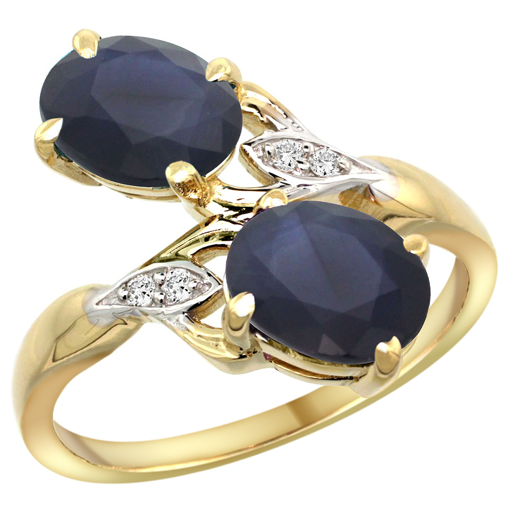 Sabrina Silver 14k Yellow Gold Diamond Natural Quality Blue Sapphire 2-stone Mothers Ring Oval 8x6mm, size 5 - 10