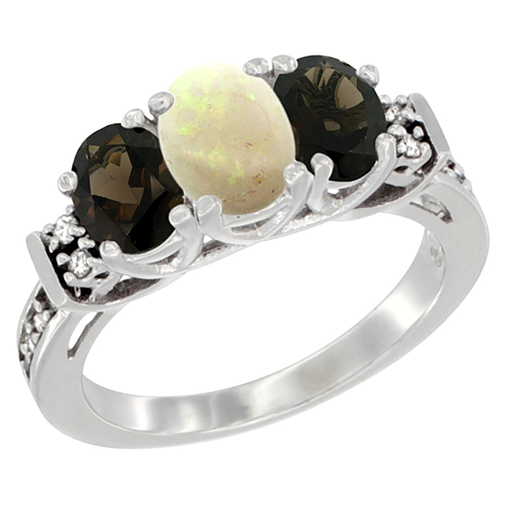 Sabrina Silver 14K White Gold Natural Opal & Smoky Topaz Ring 3-Stone Oval Diamond Accent, sizes 5-10