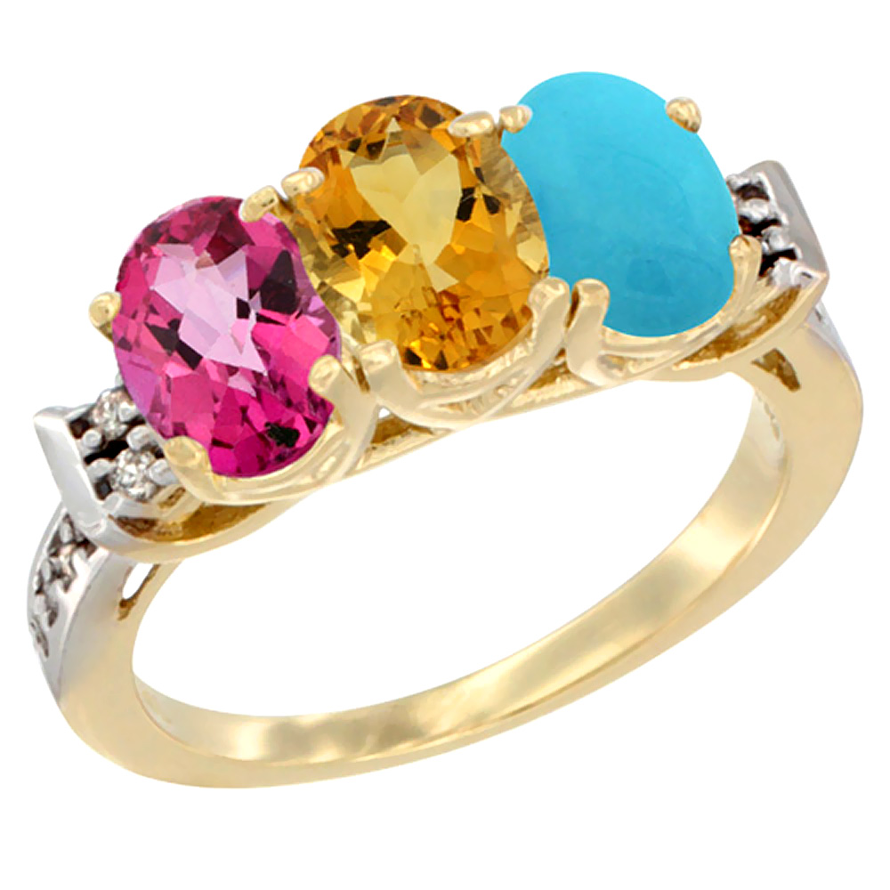 Sabrina Silver 10K Yellow Gold Natural Pink Topaz, Citrine & Turquoise Ring 3-Stone Oval 7x5 mm Diamond Accent, sizes 5 - 10
