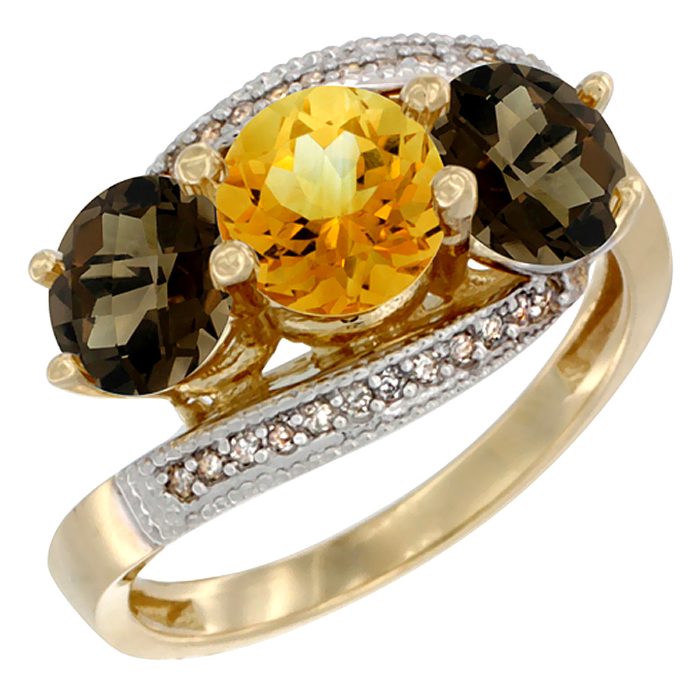 Sabrina Silver 14K Yellow Gold Natural Citrine & Smoky Topaz Sides 3 stone Ring Round 6mm Diamond Accent, sizes 5 - 10