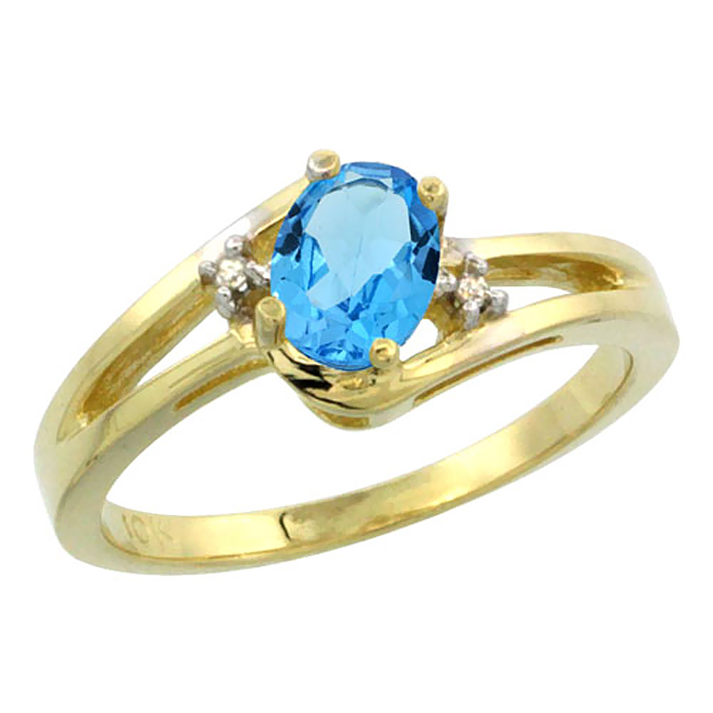 Sabrina Silver 10K Yellow Gold Diamond Genuine Blue Topaz Ring Oval 6x4 mm sizes 5-10