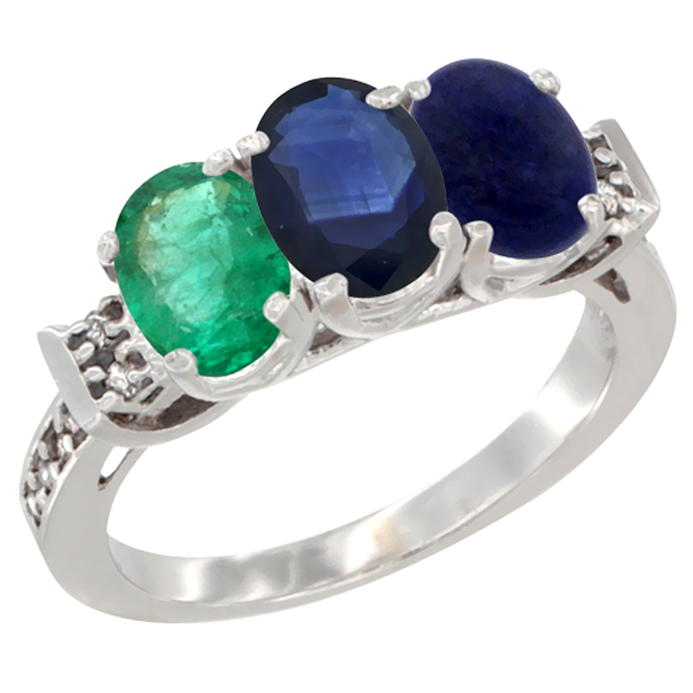 Sabrina Silver 10K White Gold Natural Emerald, Blue Sapphire & Lapis Ring 3-Stone Oval 7x5 mm Diamond Accent, sizes 5 - 10