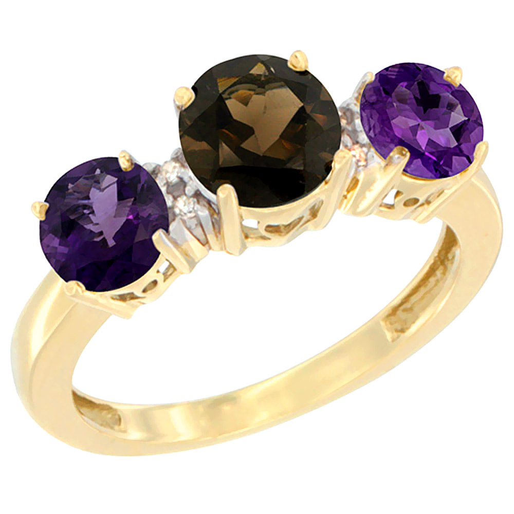 Sabrina Silver 10K Yellow Gold Round 3-Stone Natural Smoky Topaz Ring & Amethyst Sides Diamond Accent, sizes 5 - 10