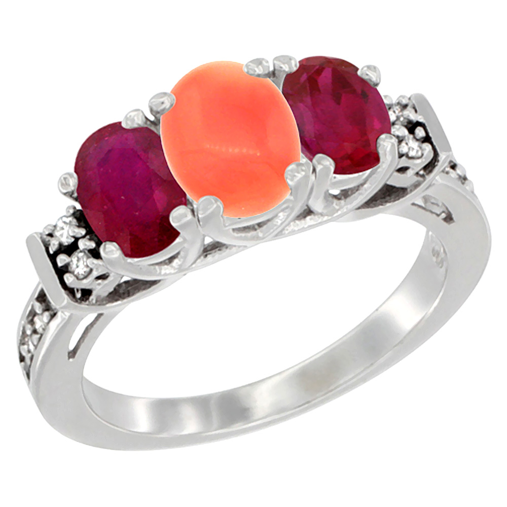 Sabrina Silver 14K White Gold Natural Coral & Enhanced Ruby Ring 3-Stone Oval Diamond Accent, sizes 5-10
