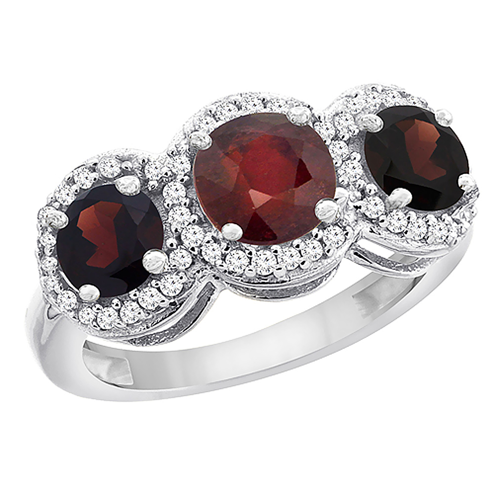 Sabrina Silver 14K White Gold Enhanced Ruby & Garnet Sides Round 3-stone Ring Diamond Accents, sizes 5 - 10