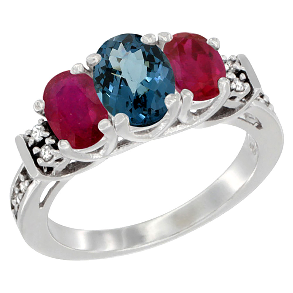 Sabrina Silver 14K White Gold Natural London Blue Topaz & Enhanced Ruby Ring 3-Stone Oval Diamond Accent, sizes 5-10