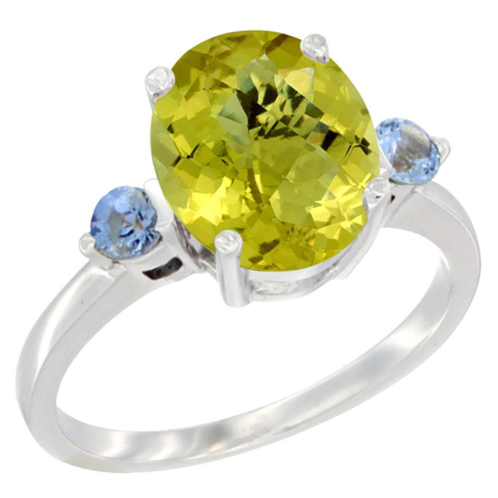 Sabrina Silver 14K White Gold 10x8mm Oval Natural Lemon Quartz Ring for Women Light Blue Sapphire Side-stones sizes 5 - 10