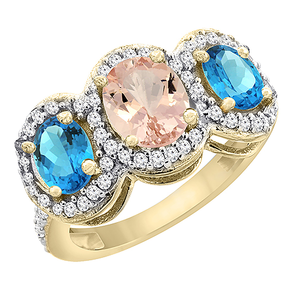 Sabrina Silver 10K Yellow Gold Natural Morganite & Swiss Blue Topaz 3-Stone Ring Oval Diamond Accent, sizes 5 - 10