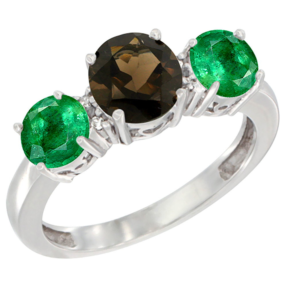 Sabrina Silver 10K White Gold Round 3-Stone Natural Smoky Topaz Ring & Emerald Sides Diamond Accent, sizes 5 - 10