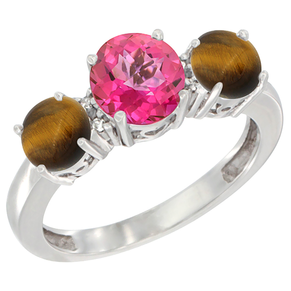 Sabrina Silver 10K White Gold Round 3-Stone Natural Pink Topaz Ring & Tiger Eye Sides Diamond Accent, sizes 5 - 10