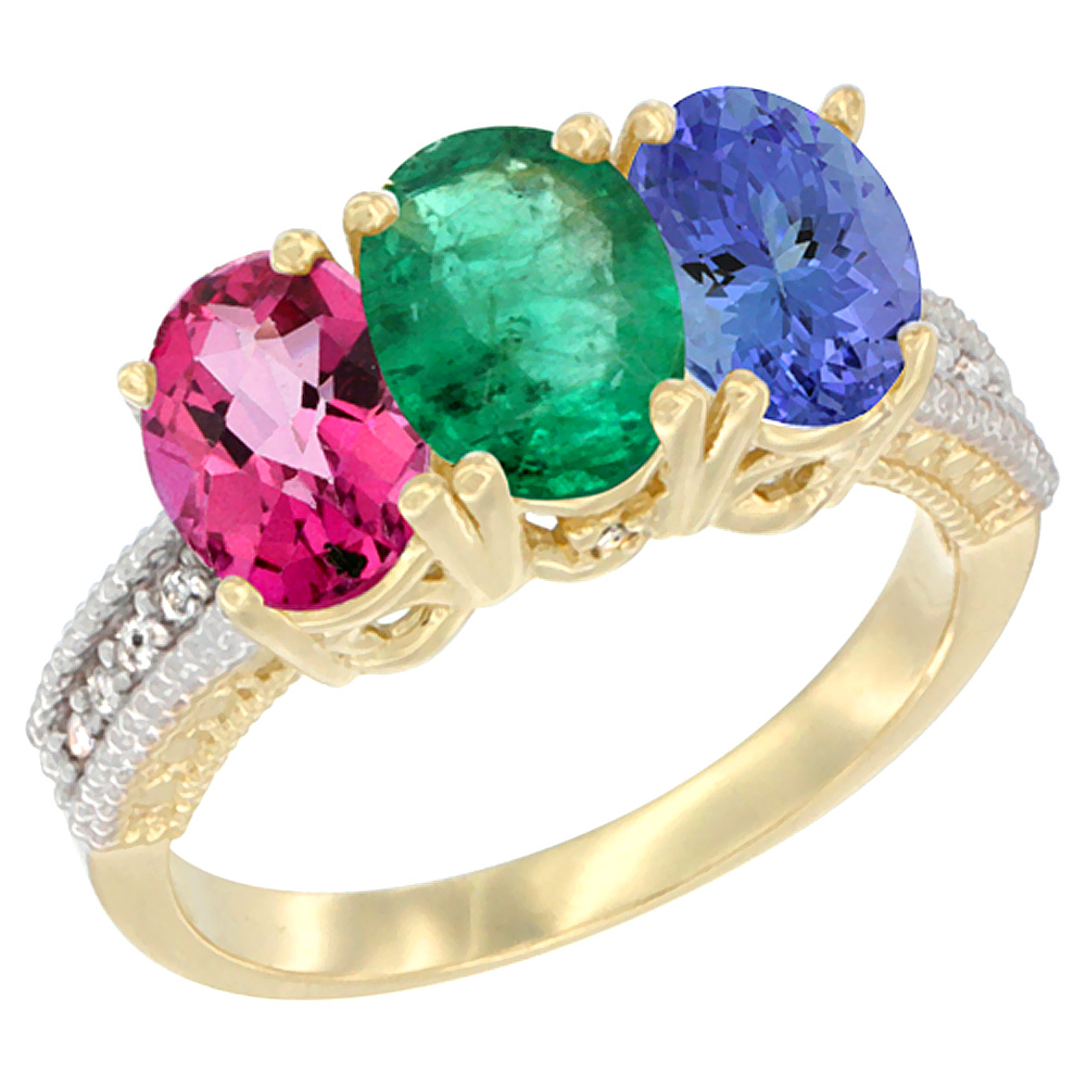 Sabrina Silver 14K Yellow Gold Natural Pink Topaz, Emerald & Tanzanite Ring 3-Stone 7x5 mm Oval Diamond Accent, sizes 5 - 10