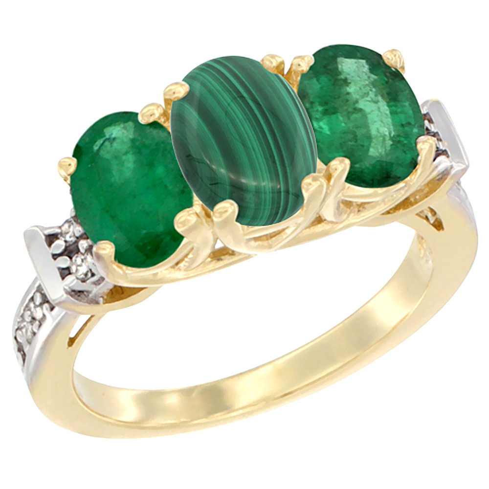 Sabrina Silver 10K Yellow Gold Natural Malachite & Emerald Sides Ring 3-Stone Oval Diamond Accent, sizes 5 - 10