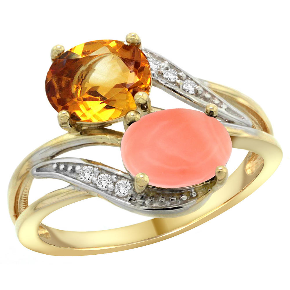 Sabrina Silver 14K Yellow Gold Diamond Natural Citrine & Coral 2-stone Ring Oval 8x6mm, sizes 5 - 10