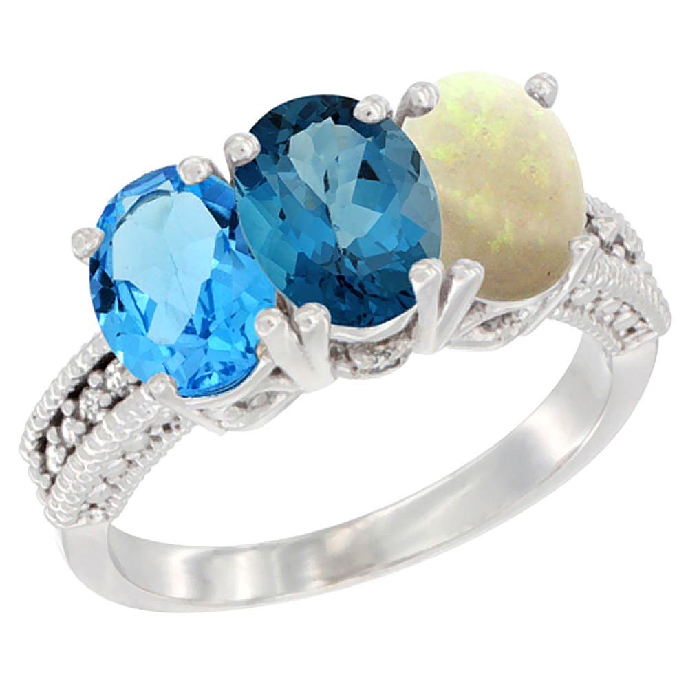 Sabrina Silver 14K White Gold Natural Swiss Blue Topaz, London Blue Topaz & Opal Ring 3-Stone 7x5 mm Oval Diamond Accent, sizes 5 - 10