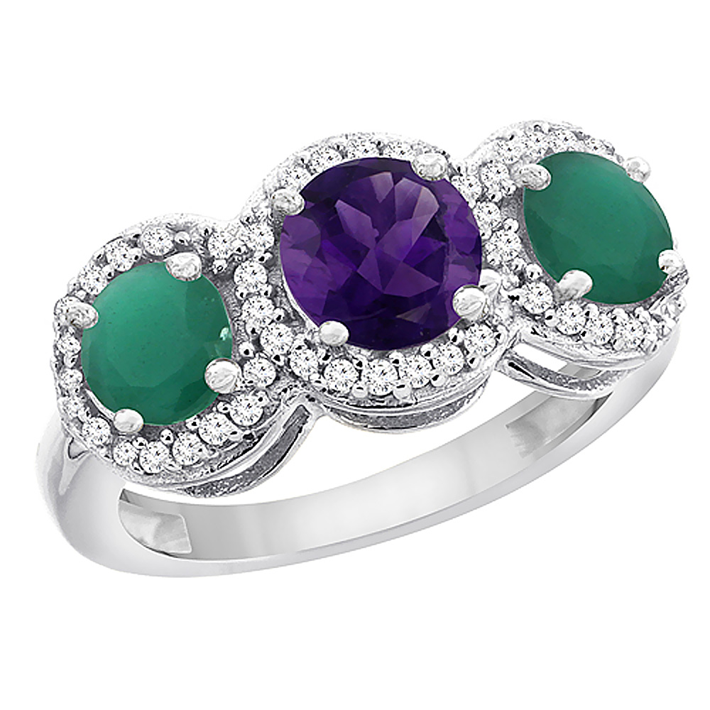 Sabrina Silver 14K White Gold Natural Amethyst & Emerald Sides Round 3-stone Ring Diamond Accents, sizes 5 - 10