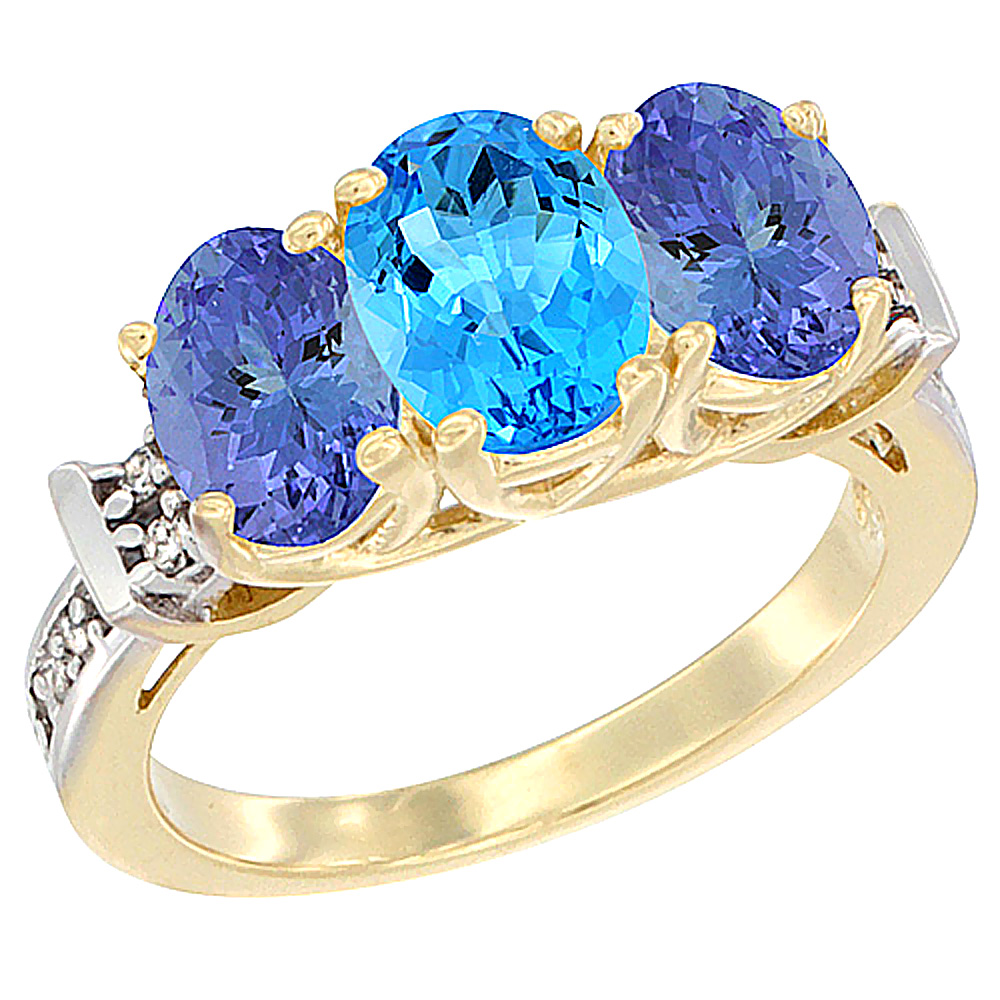 Sabrina Silver 10K Yellow Gold Natural Swiss Blue Topaz & Tanzanite Sides Ring 3-Stone Oval Diamond Accent, sizes 5 - 10