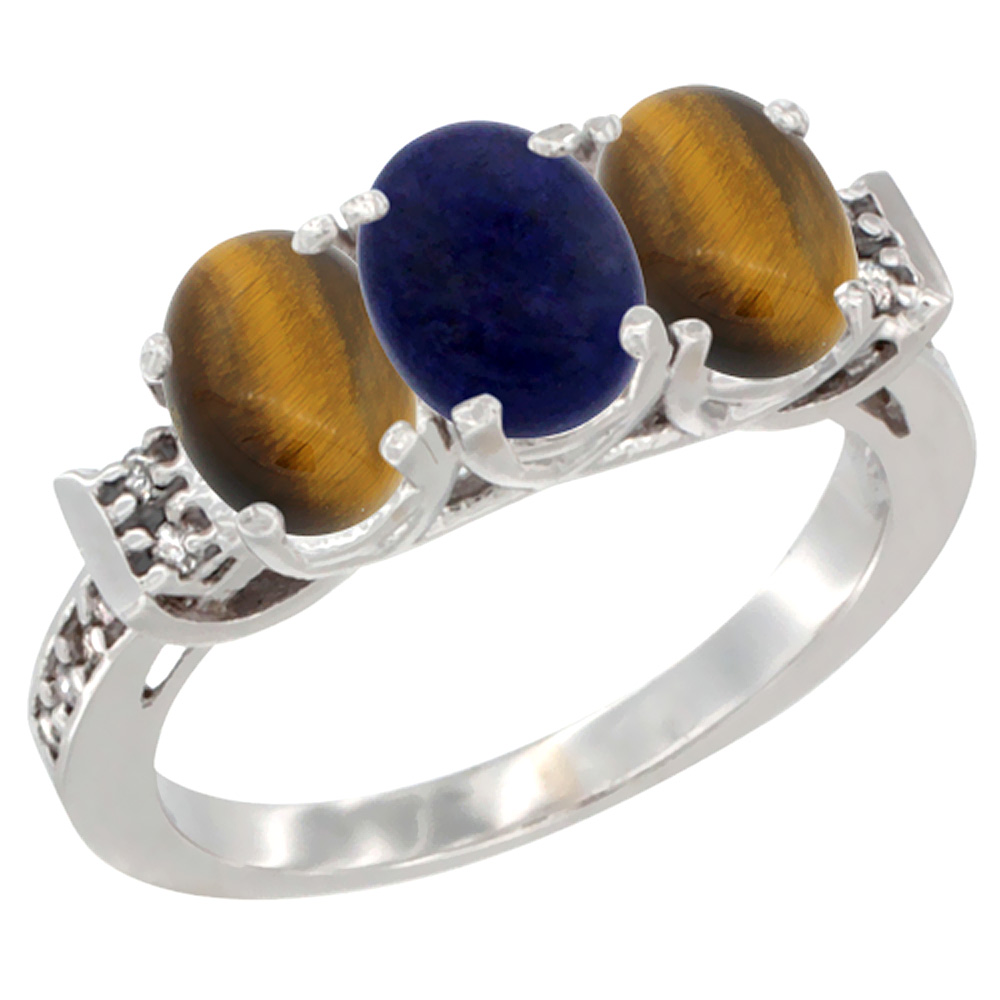 Sabrina Silver 10K White Gold Natural Lapis & Tiger Eye Sides Ring 3-Stone Oval 7x5 mm Diamond Accent, sizes 5 - 10