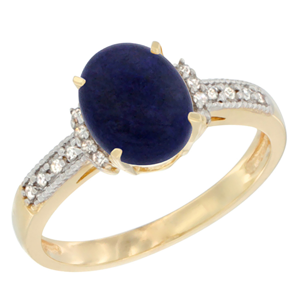 Sabrina Silver 10K Yellow Gold Natural Lapis Ring Oval 9x7 mm Diamond Accent, sizes 5 - 10