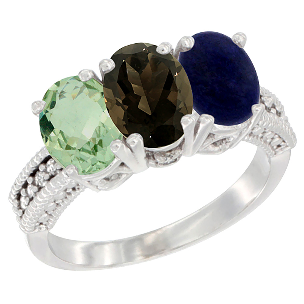 Sabrina Silver 14K White Gold Natural Green Amethyst, Smoky Topaz & Lapis Ring 3-Stone 7x5 mm Oval Diamond Accent, sizes 5 - 10