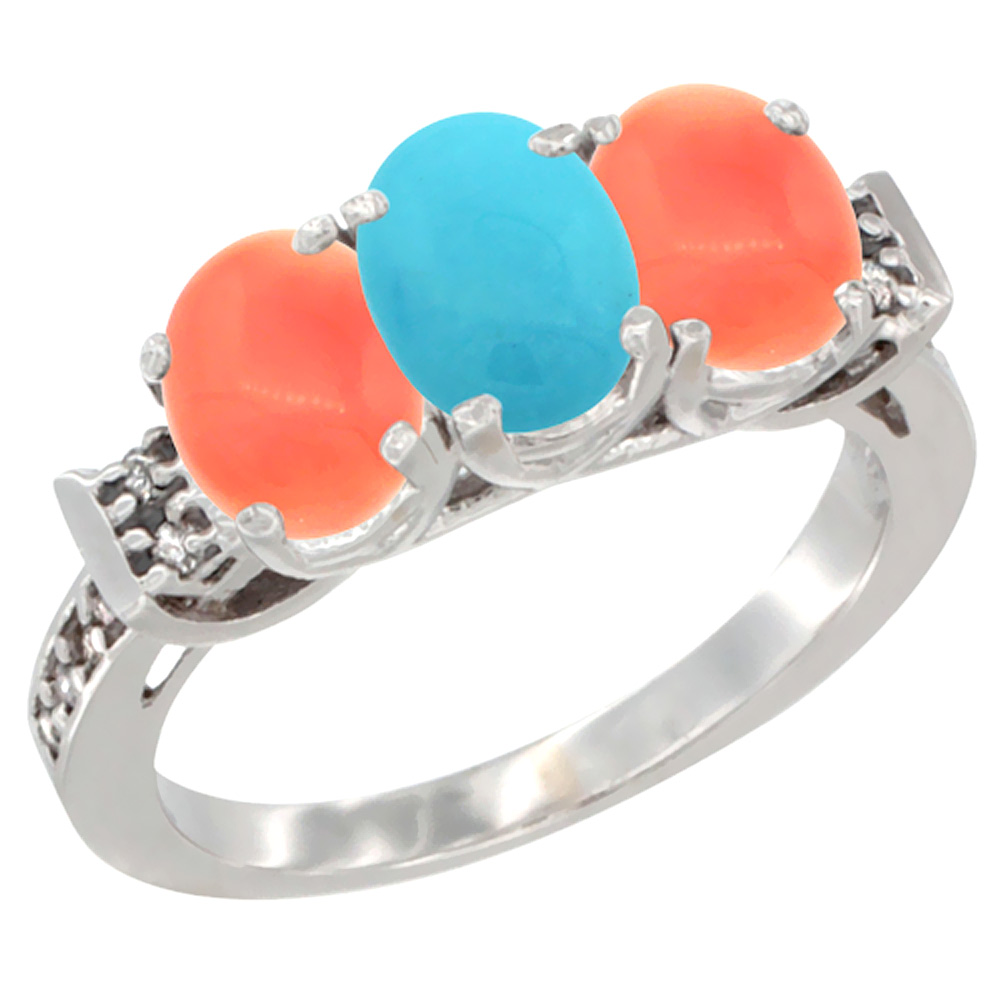 Sabrina Silver 10K White Gold Natural Turquoise & Coral Sides Ring 3-Stone Oval 7x5 mm Diamond Accent, sizes 5 - 10