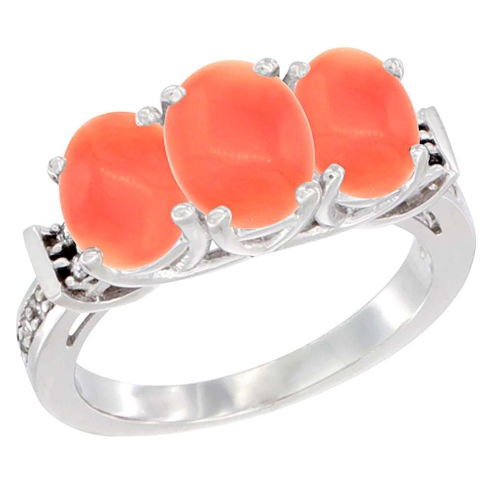 Sabrina Silver 10K White Gold Natural Coral Ring 3-Stone Oval Diamond Accent, sizes 5 - 10