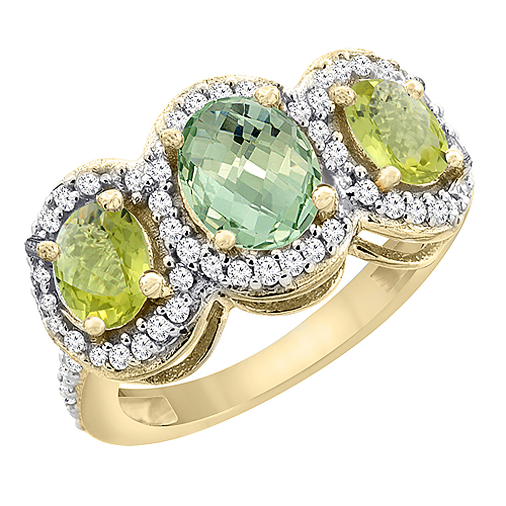 Sabrina Silver 10K Yellow Gold Natural Green Amethyst & Lemon Quartz 3-Stone Ring Oval Diamond Accent, sizes 5 - 10