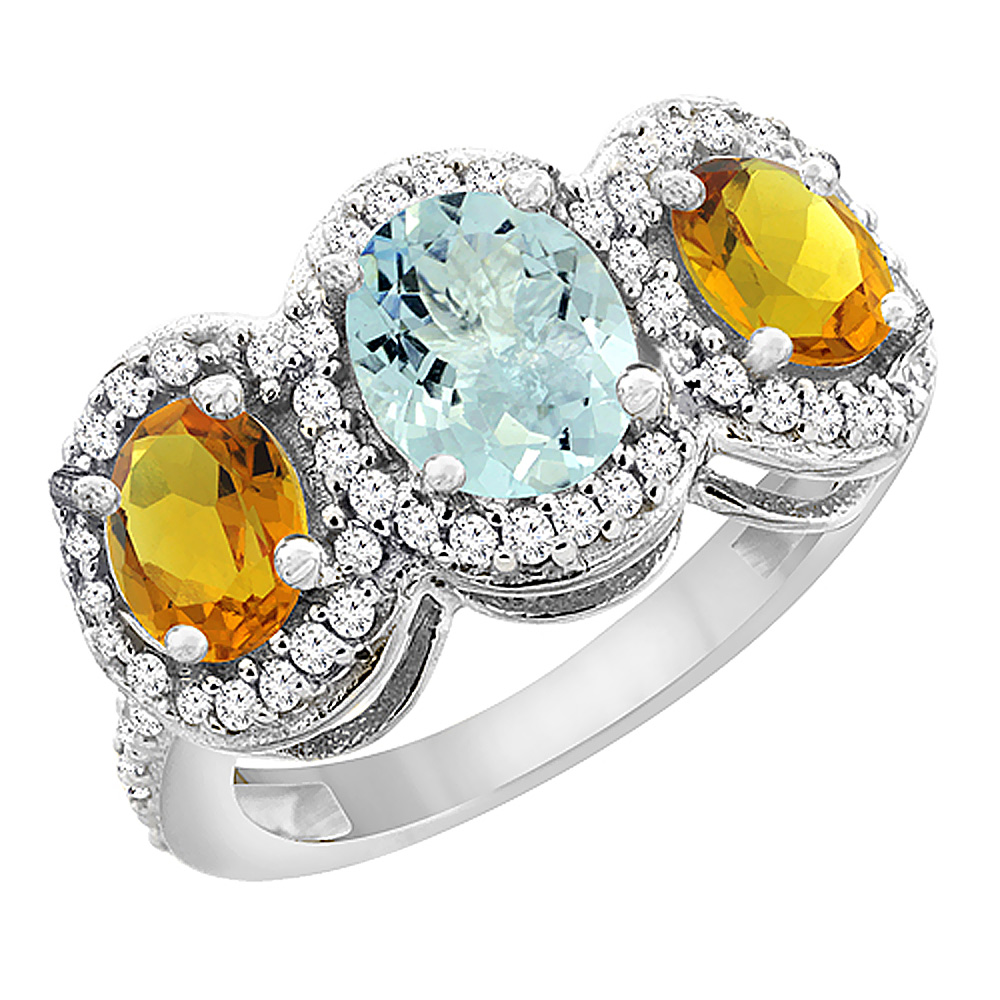 Sabrina Silver 14K White Gold Natural Aquamarine & Citrine 3-Stone Ring Oval Diamond Accent, sizes 5 - 10