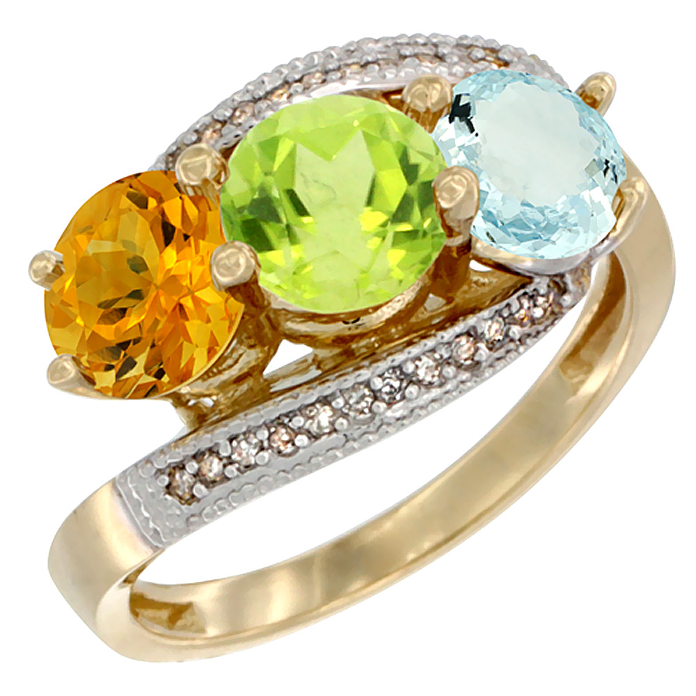 Sabrina Silver 10K Yellow Gold Natural Citrine, Peridot & Aquamarine 3 stone Ring Round 6mm Diamond Accent, sizes 5 - 10