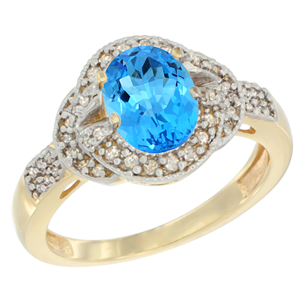 Sabrina Silver 10K Yellow Gold Genuine Blue Topaz Ring Halo Oval 8x6 mm Diamond Accent sizes 5 - 10