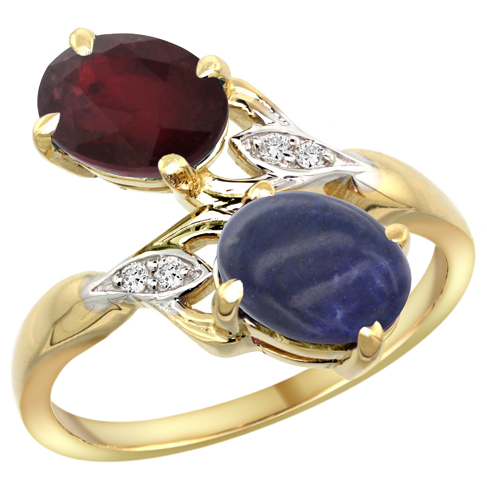 Sabrina Silver 10K Yellow Gold Diamond Natural Quality Ruby & Lapis 2-stone Mothers Ring Oval 8x6mm, size 5 - 10