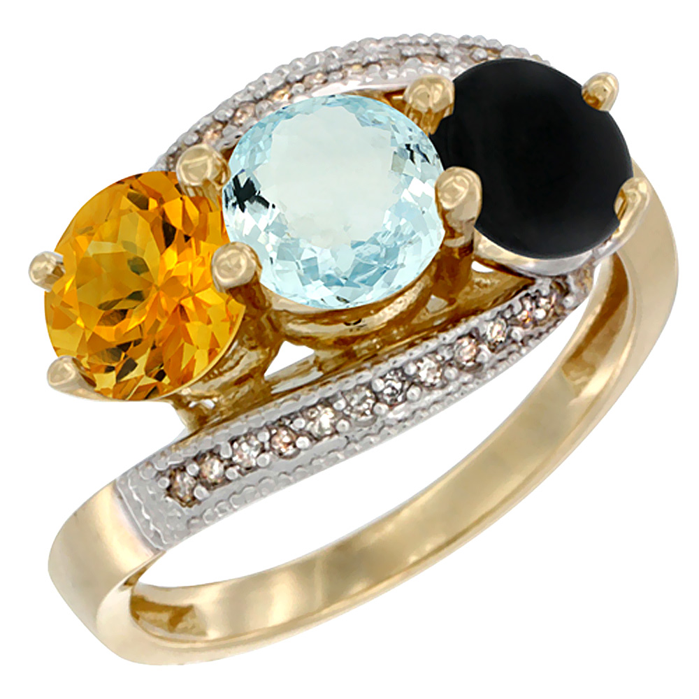 Sabrina Silver 14K Yellow Gold Natural Citrine, Aquamarine & Black Onyx 3 stone Ring Round 6mm Diamond Accent, sizes 5 - 10