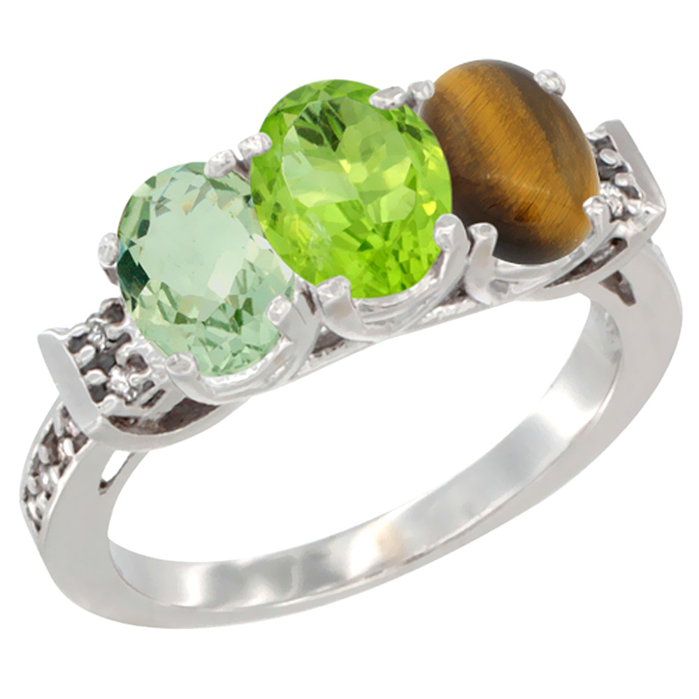 Sabrina Silver 14K White Gold Natural Green Amethyst, Peridot & Tiger Eye Ring 3-Stone 7x5 mm Oval Diamond Accent, sizes 5 - 10
