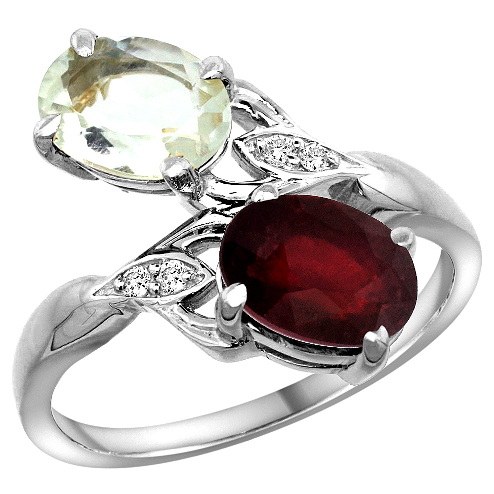 Sabrina Silver 14k White Gold Diamond Natural Green Amethyst & Enhanced Genuine Ruby 2-stone Ring Oval 8x6mm, sizes 5 - 10