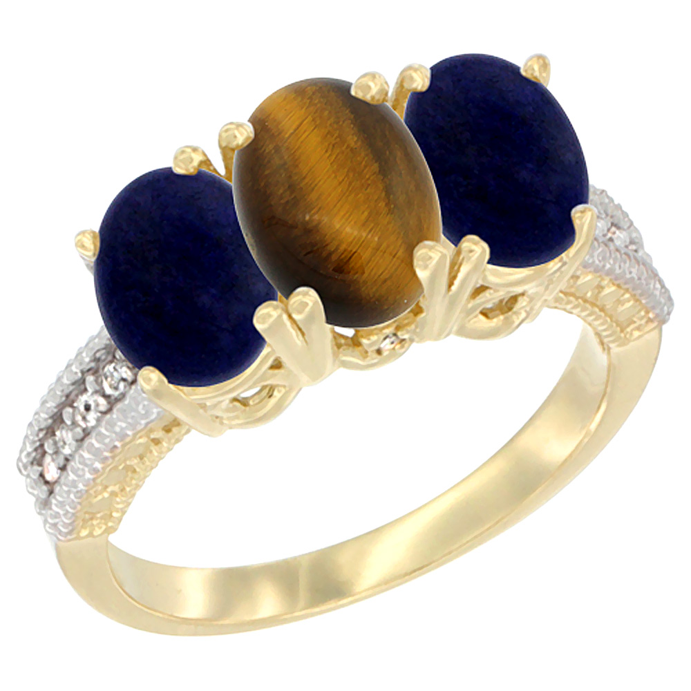 Sabrina Silver 14K Yellow Gold Natural Tiger Eye Ring with Lapis 3-Stone 7x5 mm Oval Diamond Accent, sizes 5 - 10